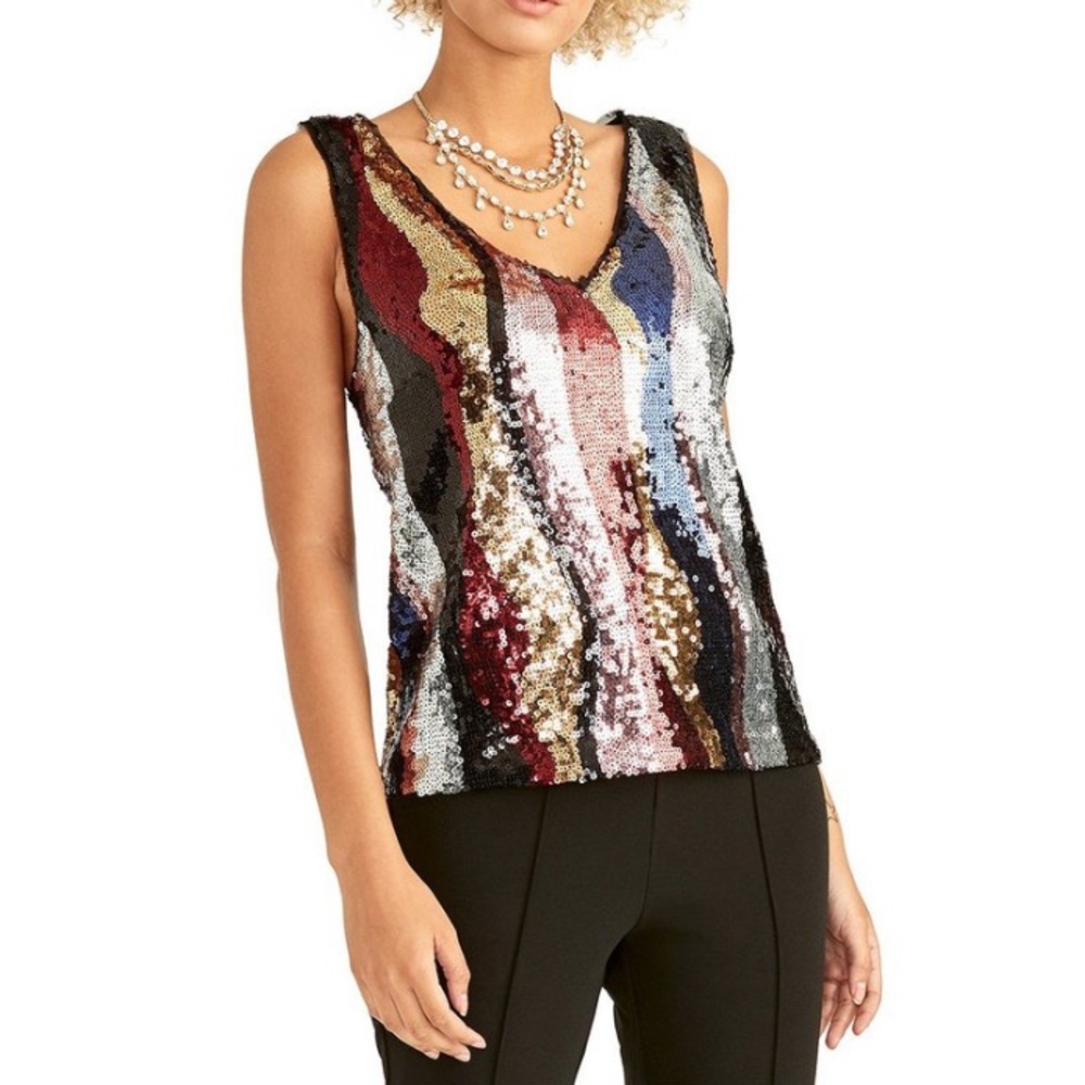 RACHEL Rachel Roy Dark Pink & Blue Abstract Sequin V-Neck Tank Top (READ)